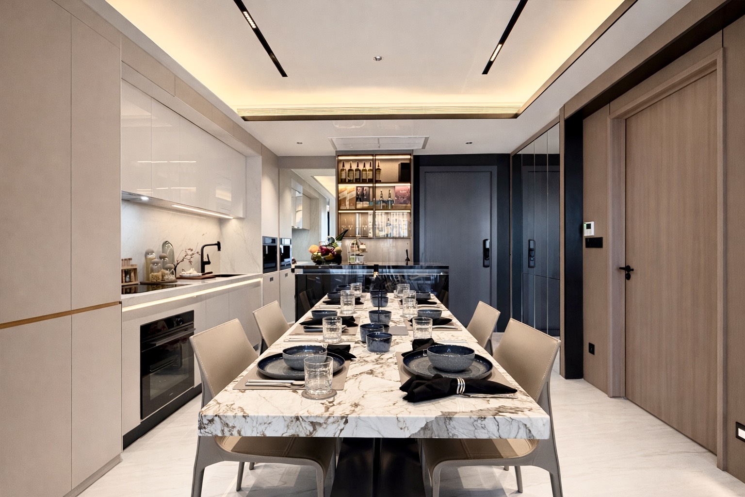 Designer dining area with marble table